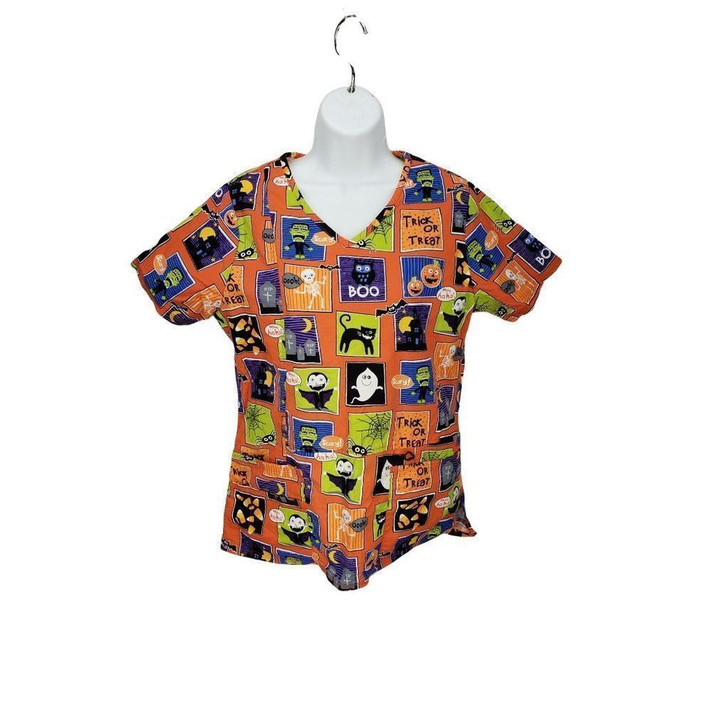 ScrubStar Halloween Scrub Top XS Orange Spooky Vampire Ghost Print V-Neck Cotton